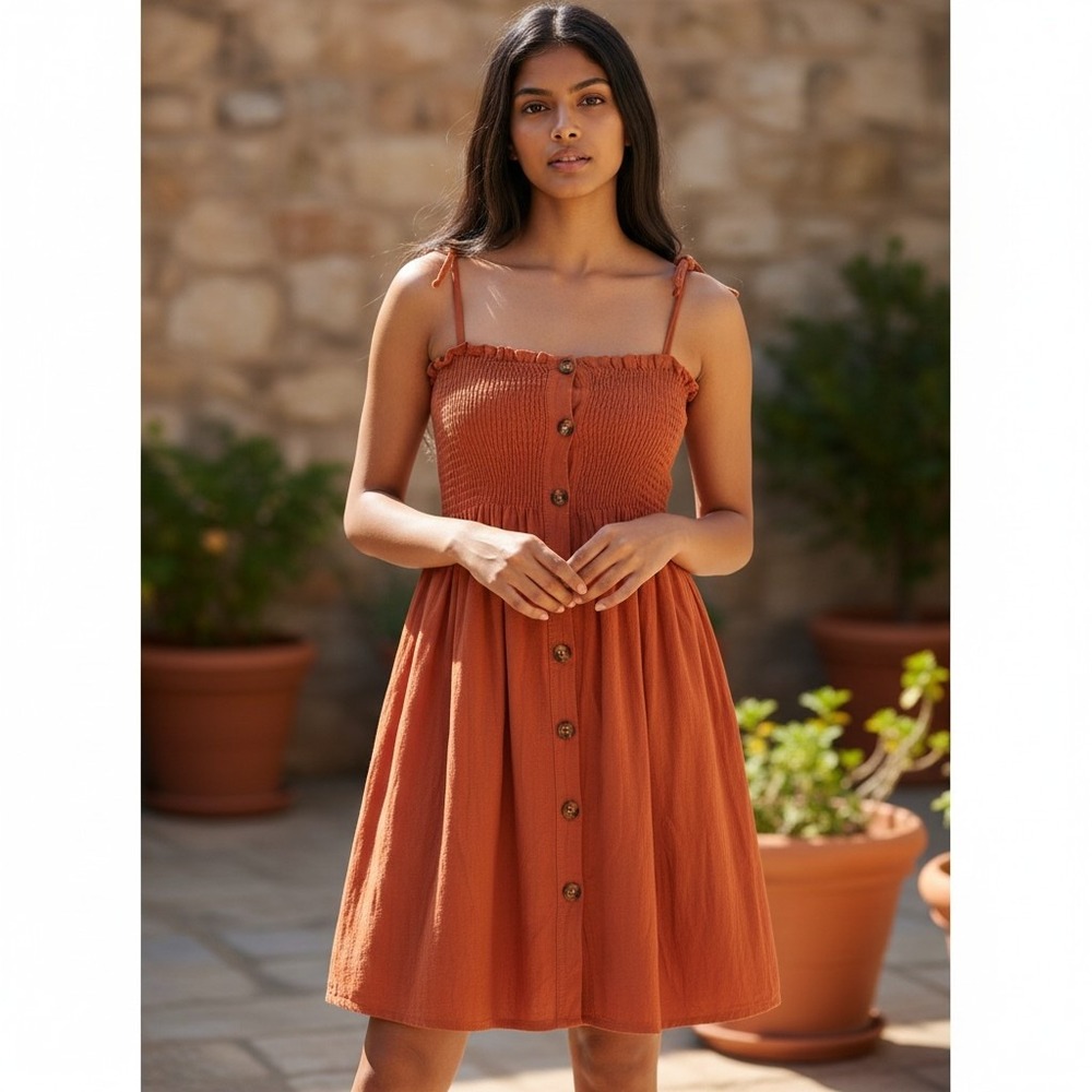 Romwe Burnt Orange Smocked Tie Strap Mini Dress‎ Cottagecore Boho Size Small